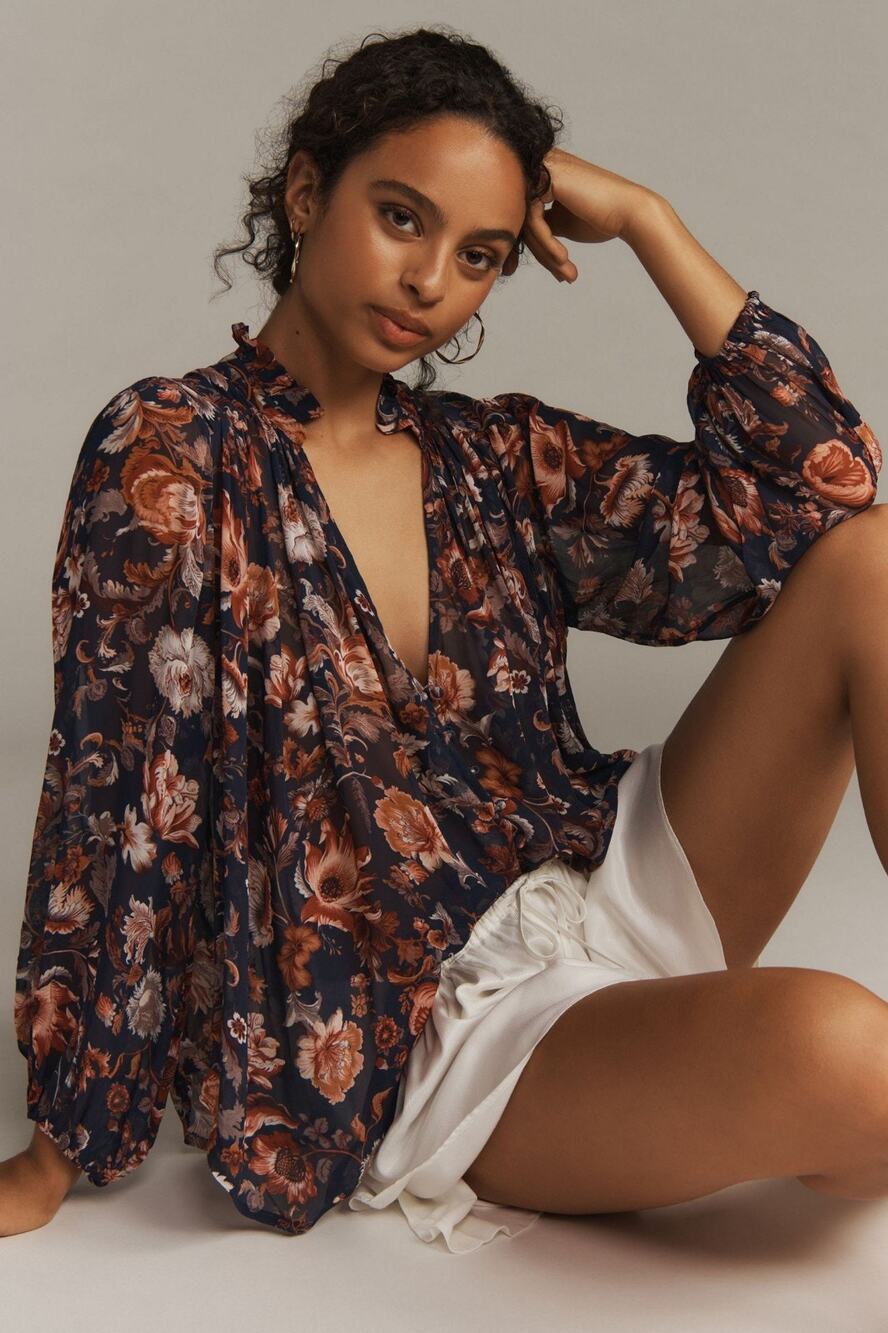 Anthropologie Estella Pink Floral Sheer Printed Button Up Top New Small